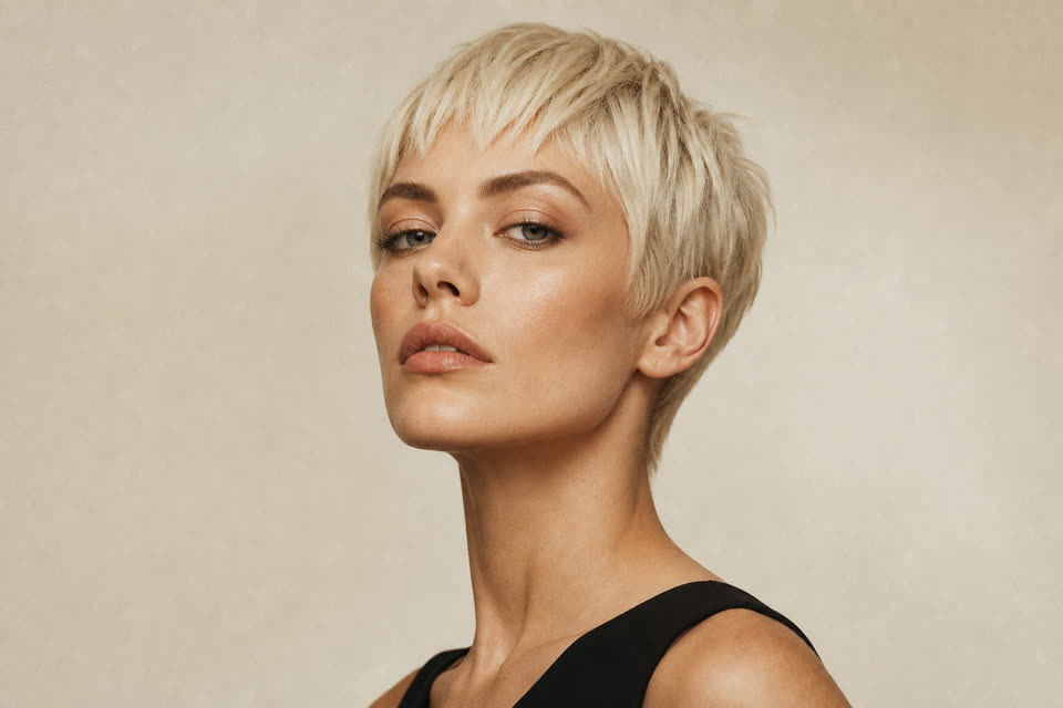 AI hairstyle try-on example: Platinum Pixie